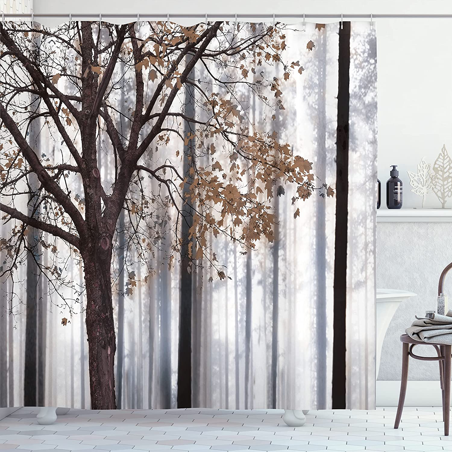 Rustic Farm House Shower Curtain With Abstract Woodland Background Print