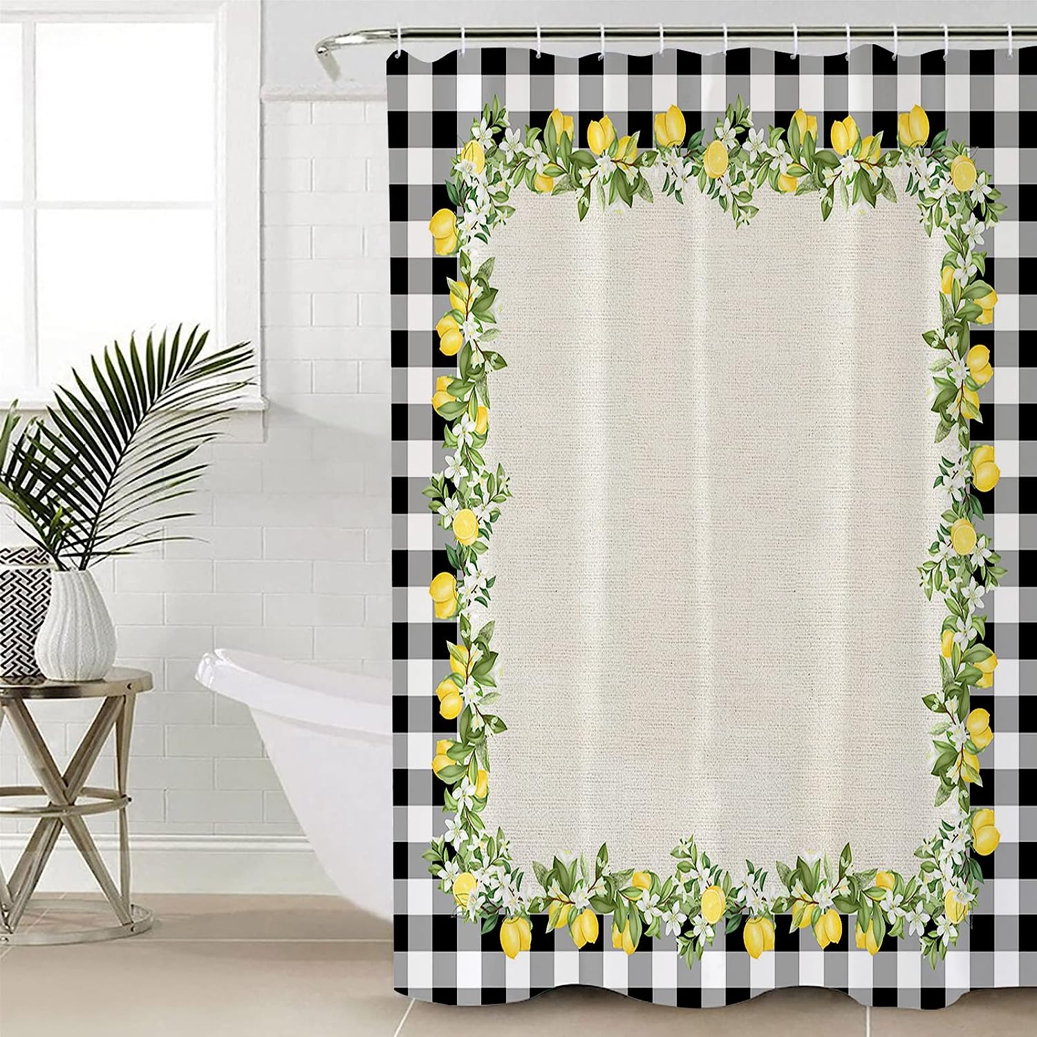 Rustic Farm Lemon Check Frame Shower Curtain for Country Style Bathroom