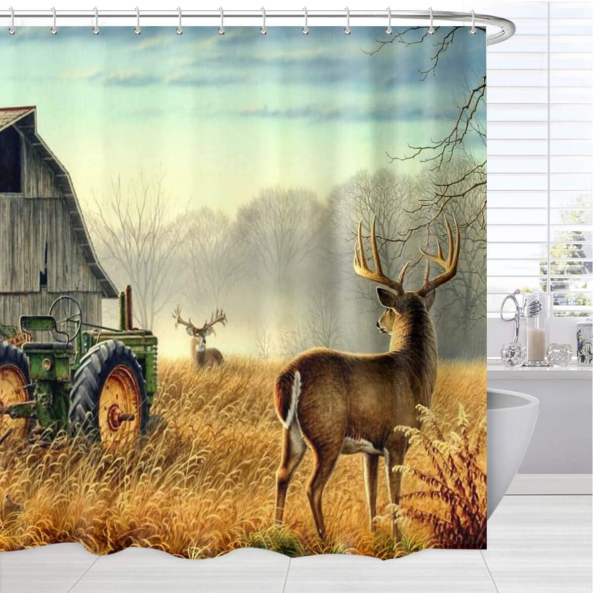 Rustic Farmhouse American Barn Animal Wildlife Tractor Deer Shower Curtain - Image 2