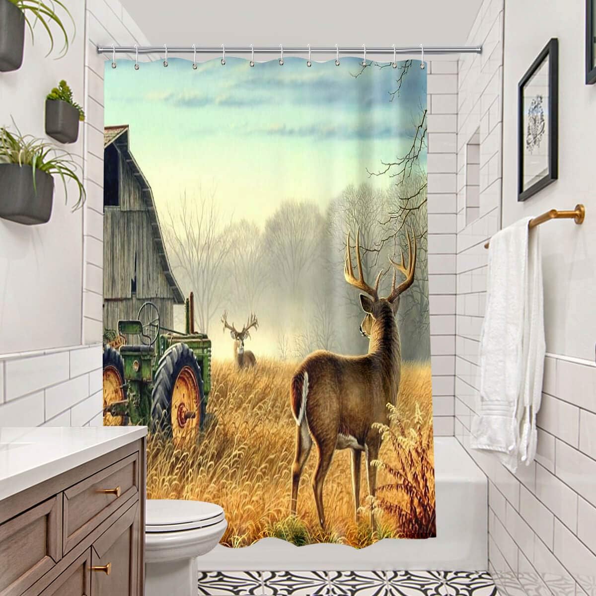 Rustic Farmhouse American Barn Animal Wildlife Tractor Deer Shower Curtain - Image 3