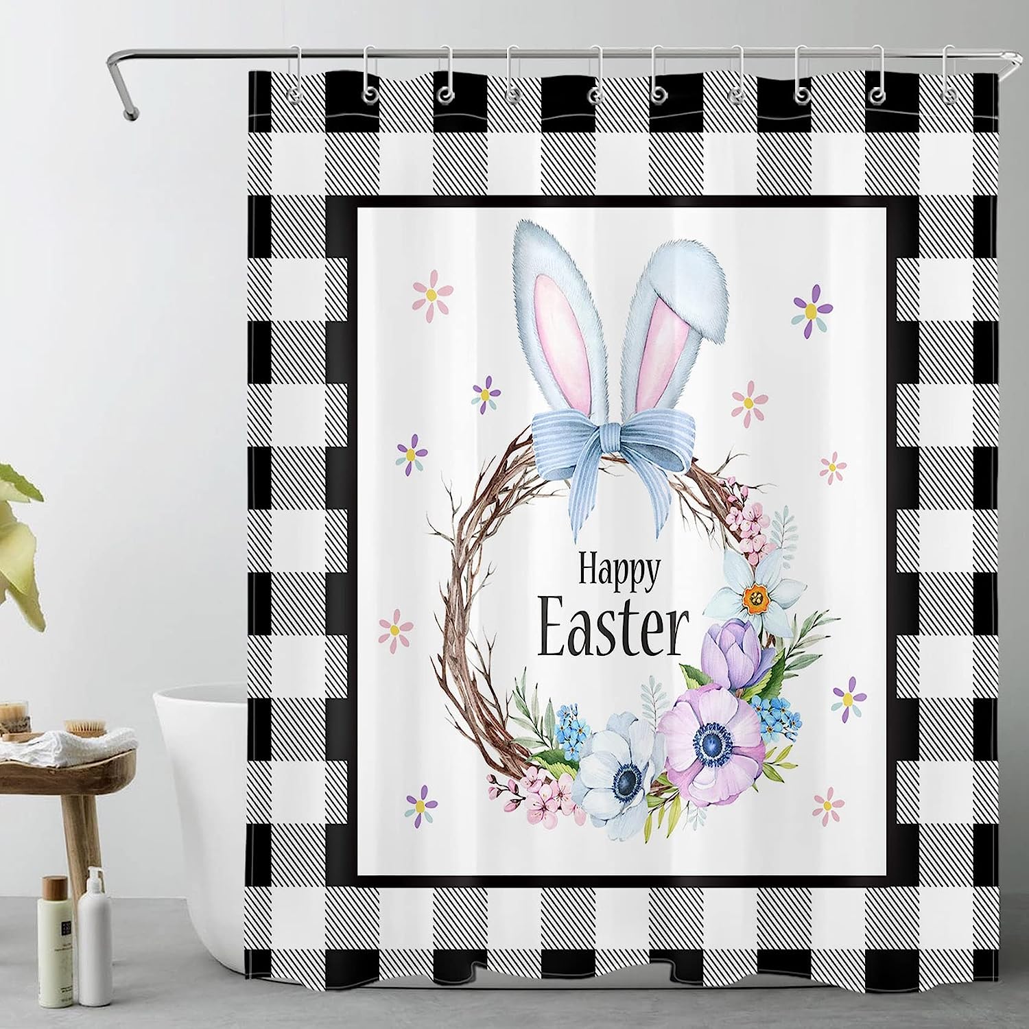 Rustic Farmhouse Black And White Checkered Happy Easter Shower Curtain With Luxury Shower Curtains