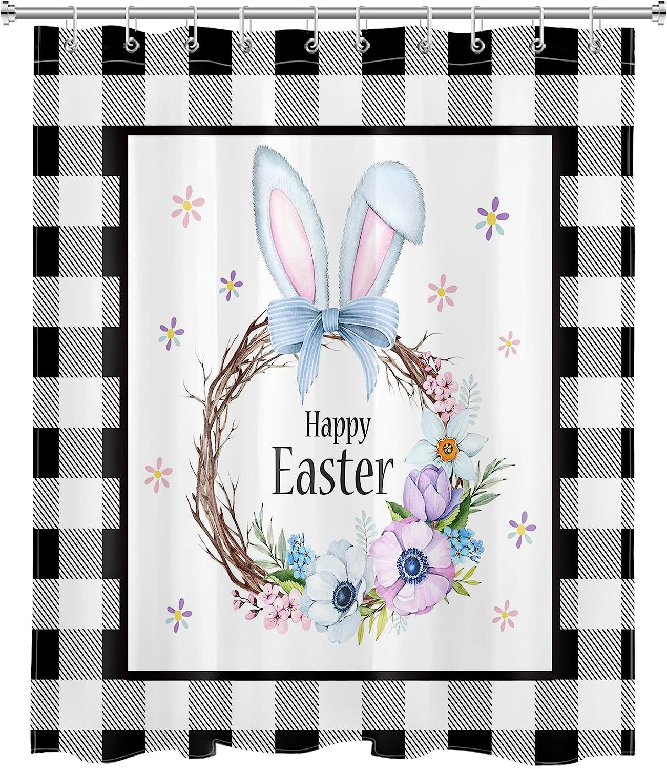 Rustic Farmhouse Black And White Checkered Happy Easter Shower Curtain With Luxury Shower Curtains