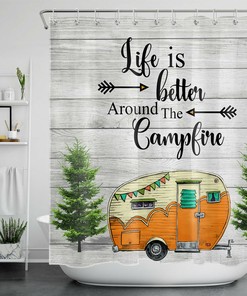Rustic Farmhouse Camping Trailer Bathroom Decor Happy Camper Rv Shower Curtain 