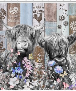 Rustic Farmhouse Cow Shower Curtain With Highland Cattle And Wildflower Windmill Prints - Waterproof Fabric