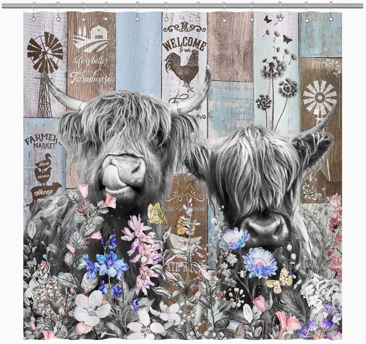 Rustic Farmhouse Cow Shower Curtain With Highland Cattle And Wildflower Windmill Prints - Waterproof Fabric