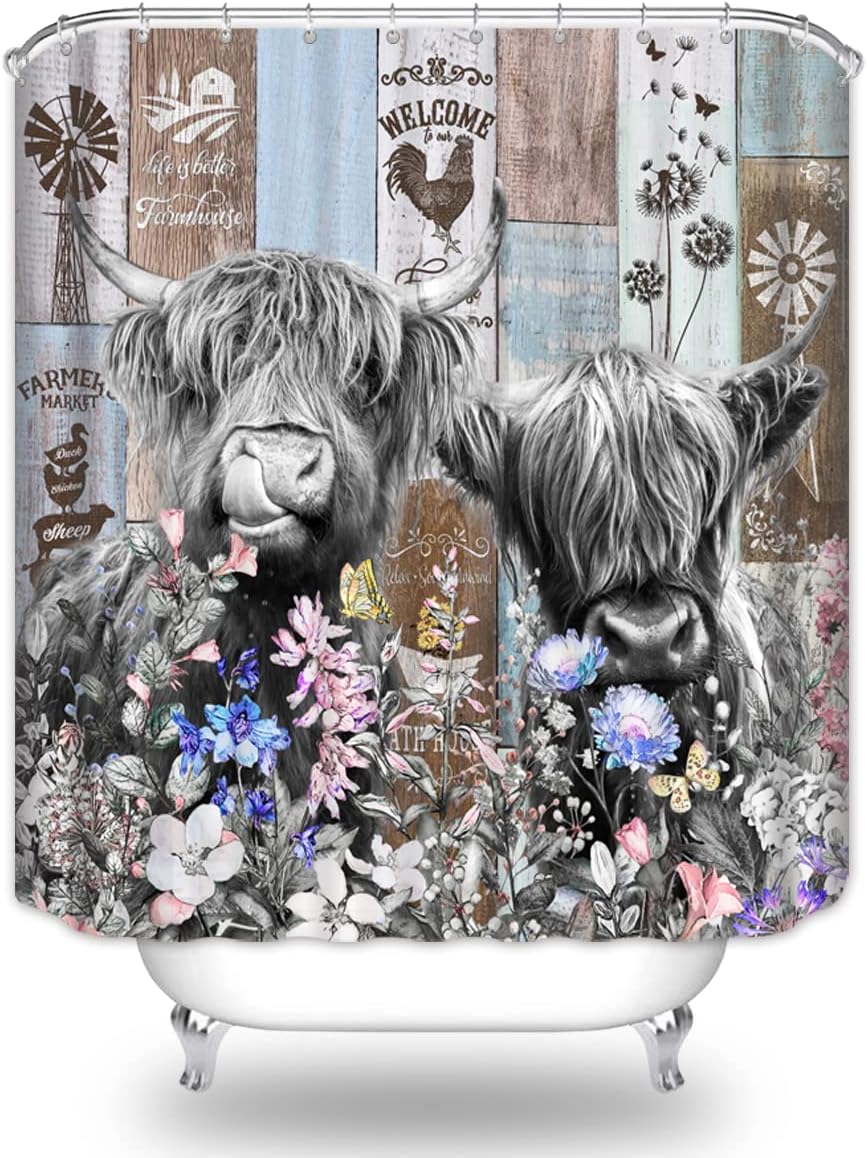 Rustic Farmhouse Cow Shower Curtain With Highland Cattle And Wildflower Windmill Prints - Waterproof Fabric - Image 2