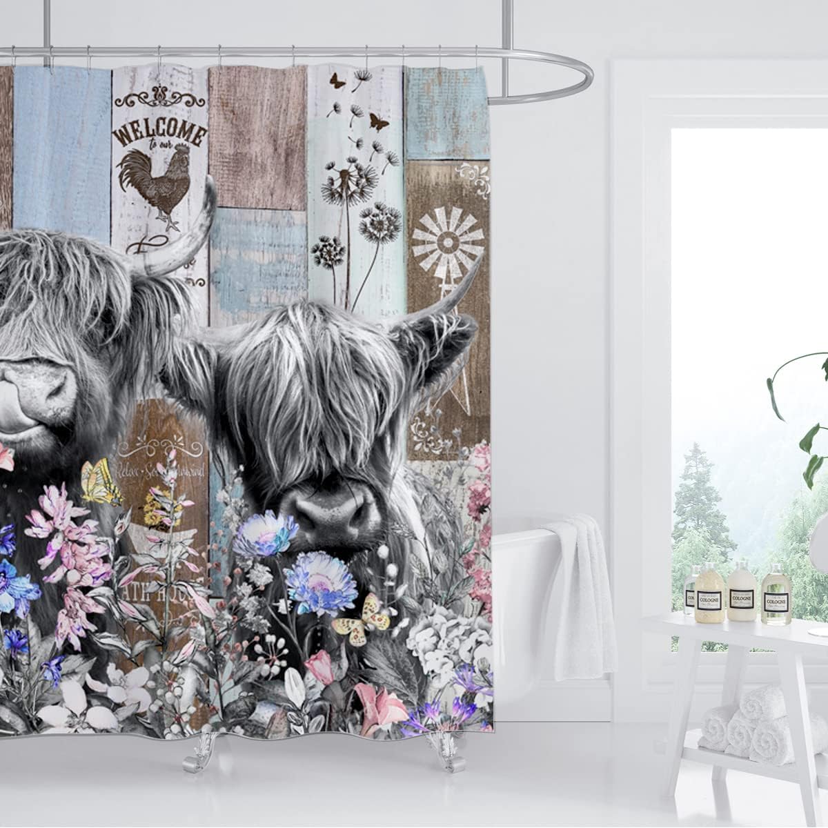 Rustic Farmhouse Cow Shower Curtain With Highland Cattle And Wildflower Windmill Prints - Waterproof Fabric - Image 3
