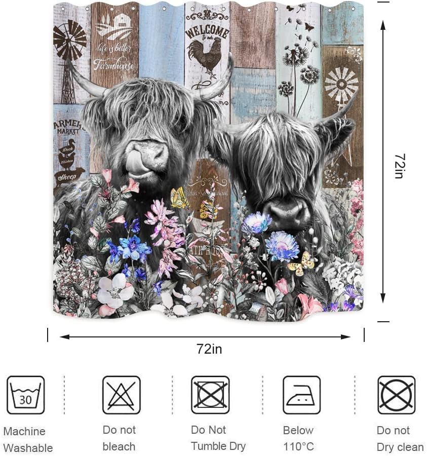 Rustic Farmhouse Cow Shower Curtain With Highland Cattle And Wildflower Windmill Prints - Waterproof Fabric - Image 4