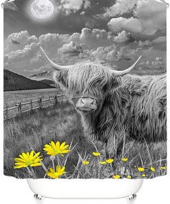 Rustic Farmhouse Cow Shower Curtain with Highland Bull and Daisy Floral Design for Nature and Wildlife Bathroom Decor