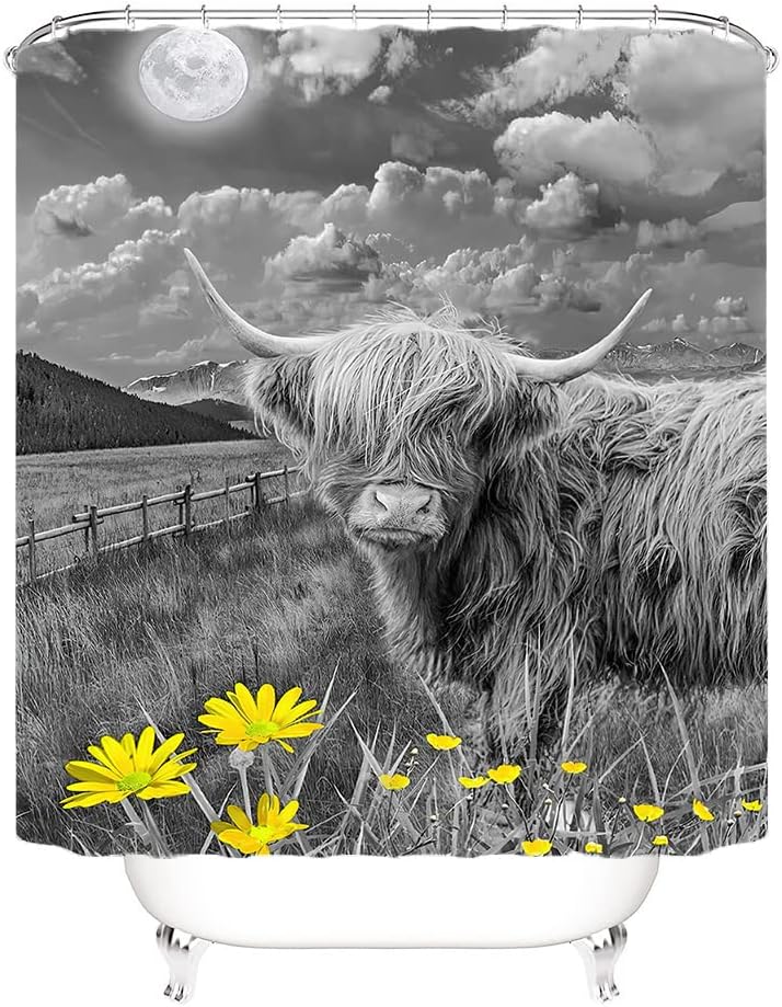 Rustic Farmhouse Cow Shower Curtain with Highland Bull and Daisy Floral Design for Nature and Wildlife Bathroom Decor