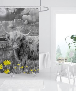 Rustic Farmhouse Cow Shower Curtain with Highland Bull and Daisy Floral Design for Nature and Wildlife Bathroom Decor