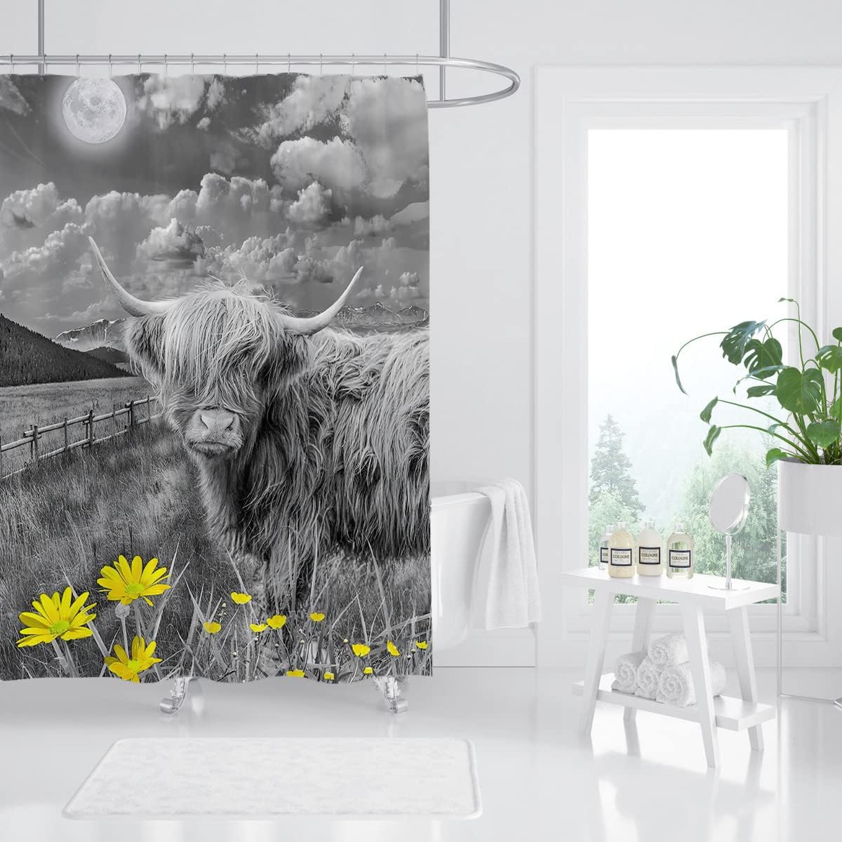 Rustic Farmhouse Cow Shower Curtain with Highland Bull and Daisy Floral Design for Nature and Wildlife Bathroom Decor