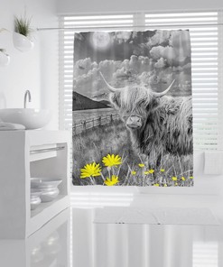 Rustic Farmhouse Cow Shower Curtain with Highland Bull and Daisy Floral Design for Nature and Wildlife Bathroom Decor