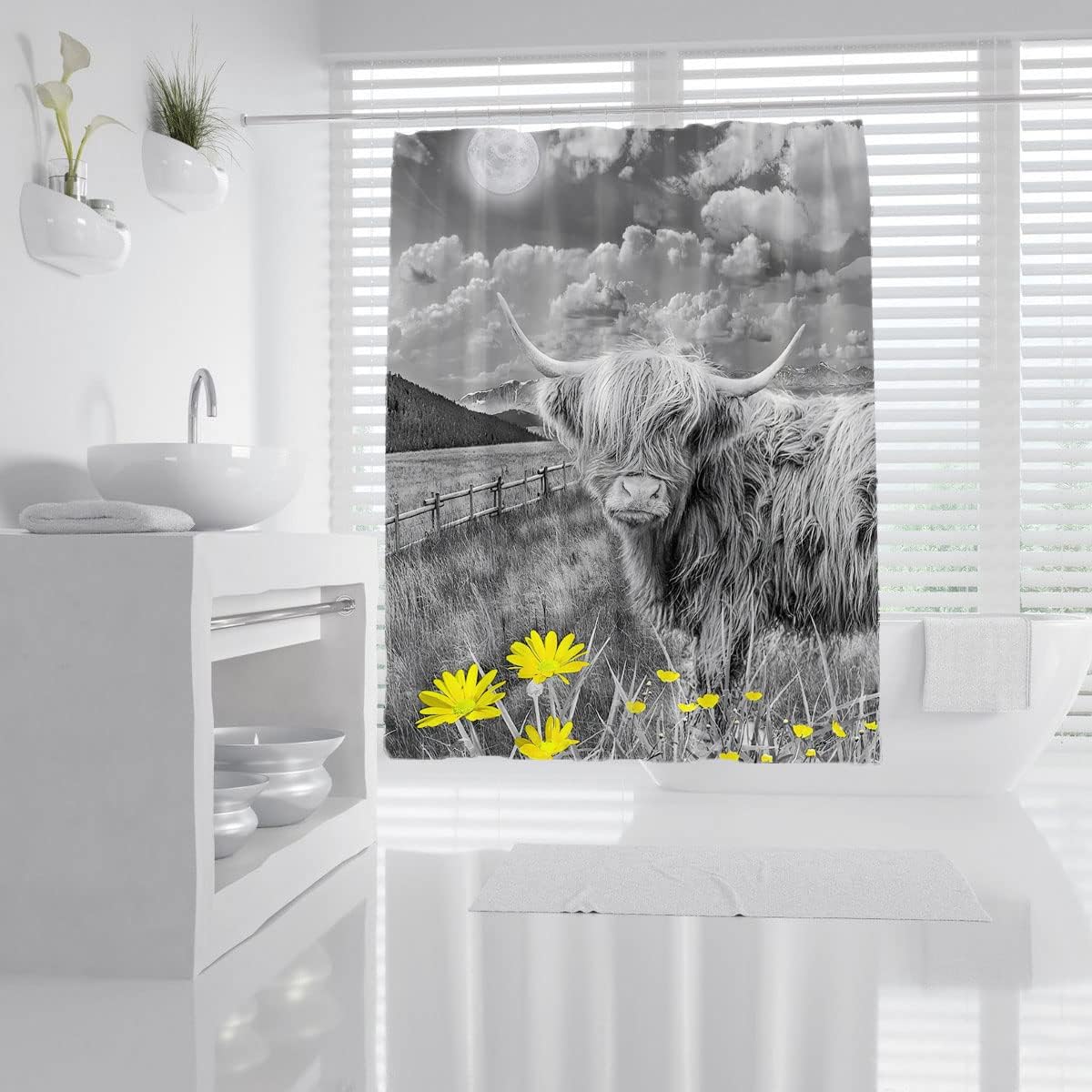 Rustic Farmhouse Cow Shower Curtain with Highland Bull and Daisy Floral Design for Nature and Wildlife Bathroom Decor