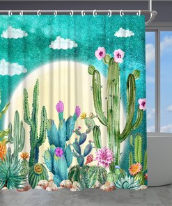 Rustic Farmhouse Desert Cactus Shower Curtain in Floral Full Moon Design