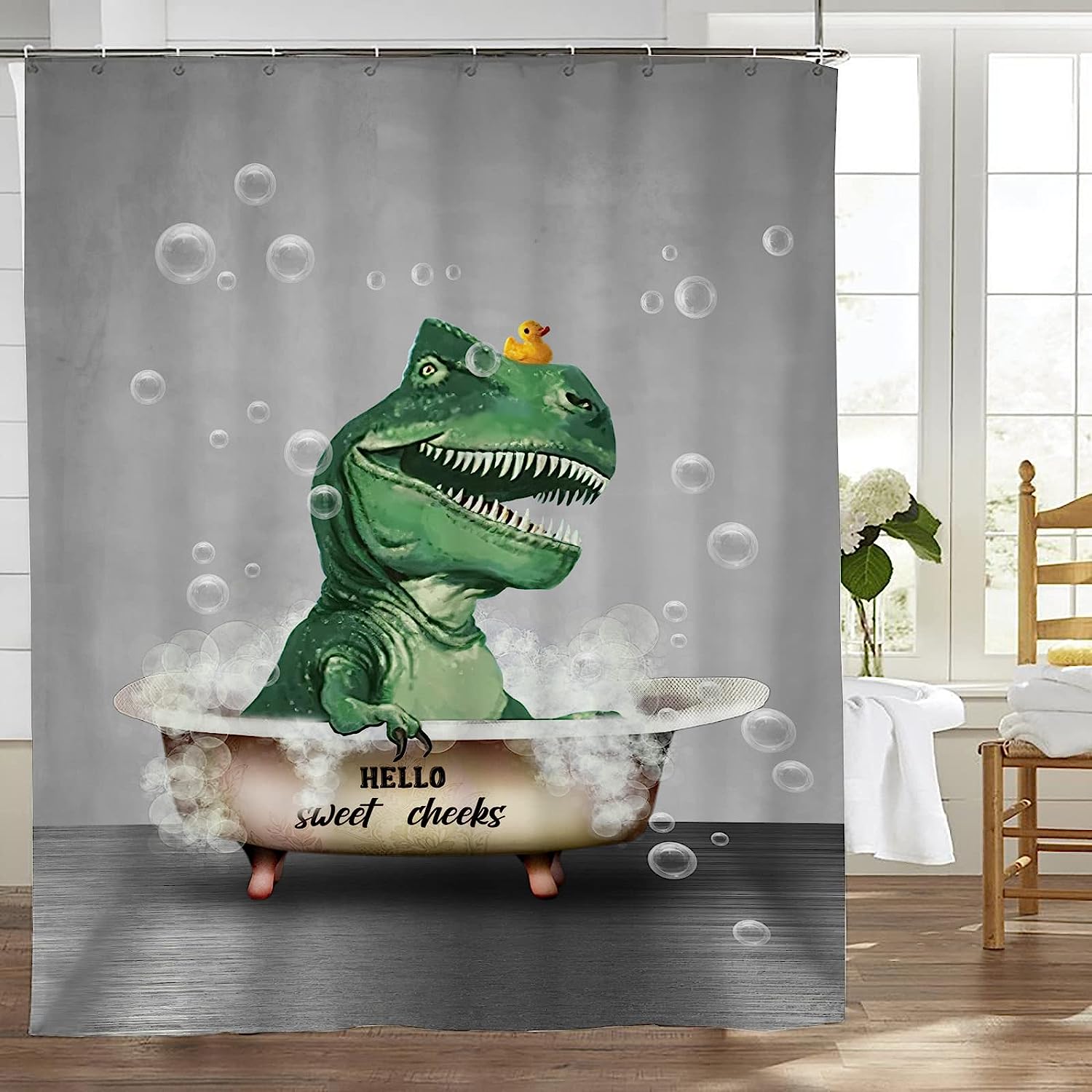 Rustic Farmhouse Dinosaur Bathtub Shower Curtain - Cute And Fun Bathroom Decor