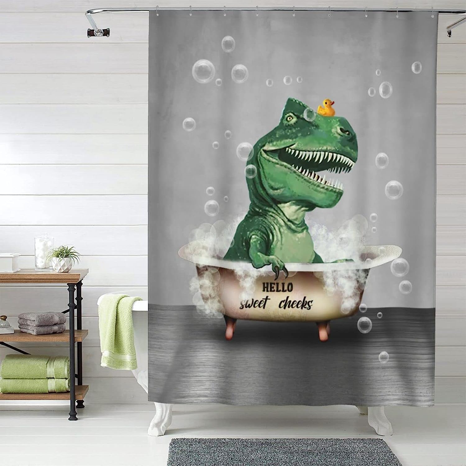 Rustic Farmhouse Dinosaur Bathtub Shower Curtain - Cute And Fun Bathroom Decor
