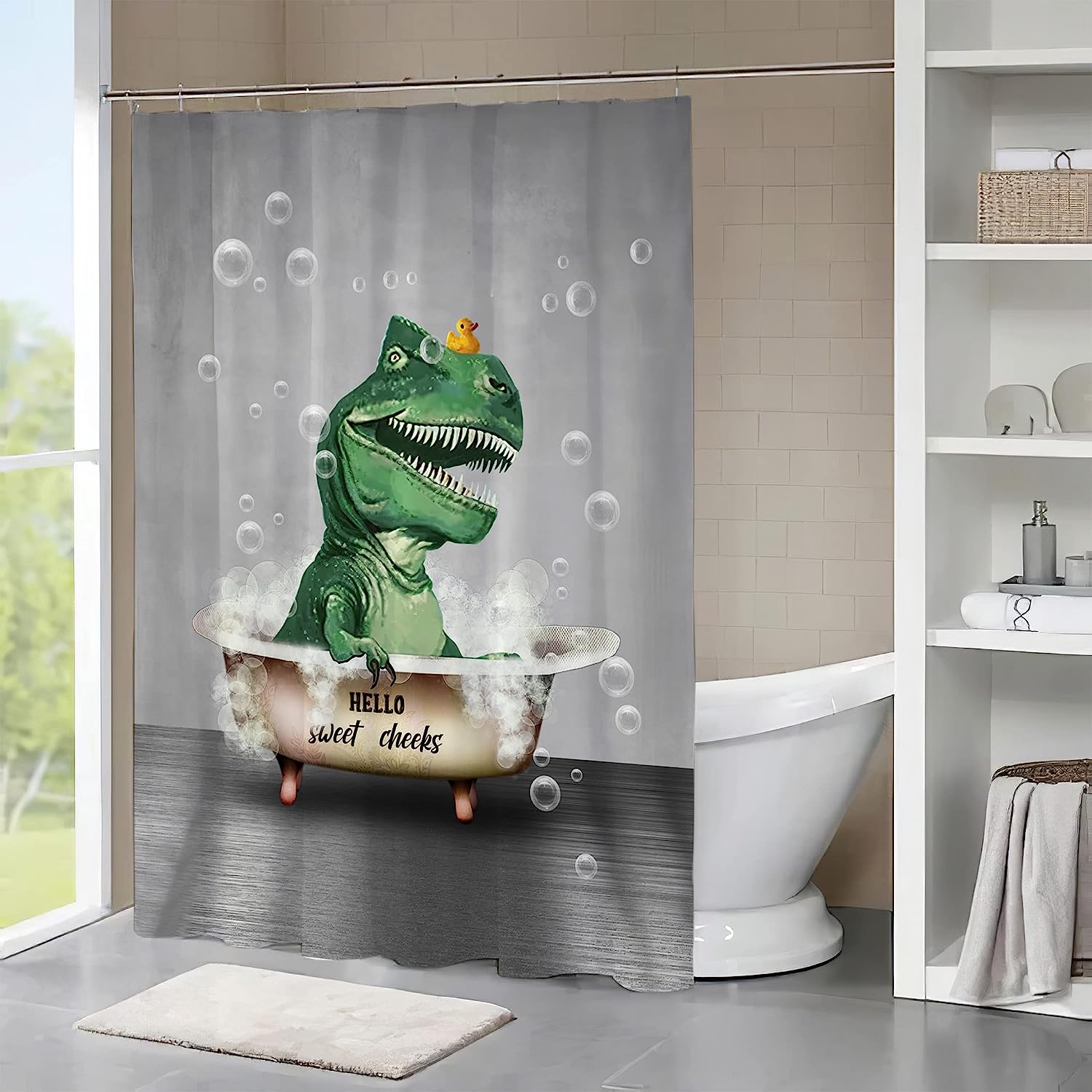 Rustic Farmhouse Dinosaur Bathtub Shower Curtain - Cute And Fun Bathroom Decor