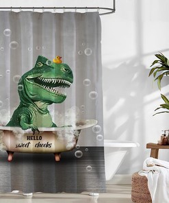 Rustic Farmhouse Dinosaur Bathtub Shower Curtain - Cute And Fun Bathroom Decor