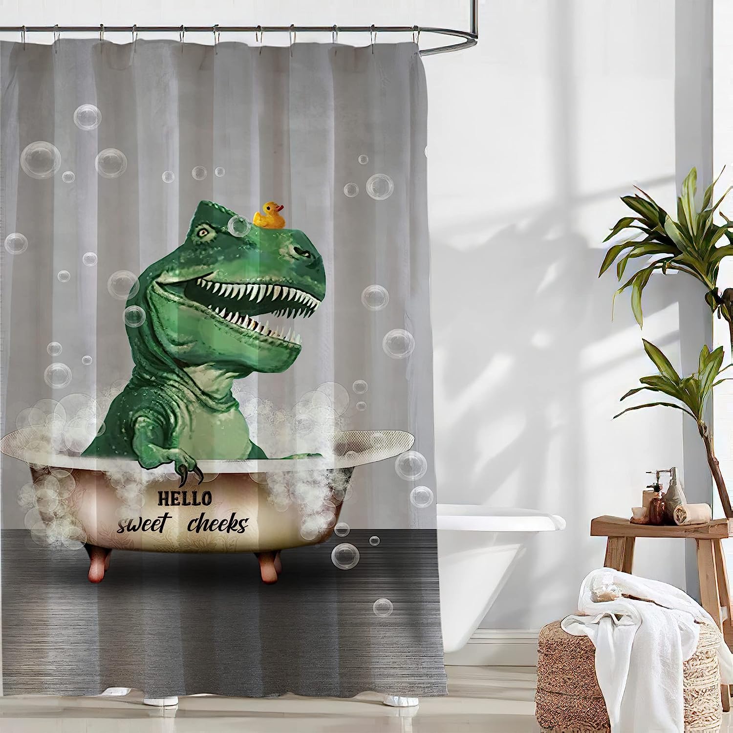Rustic Farmhouse Dinosaur Bathtub Shower Curtain - Cute And Fun Bathroom Decor
