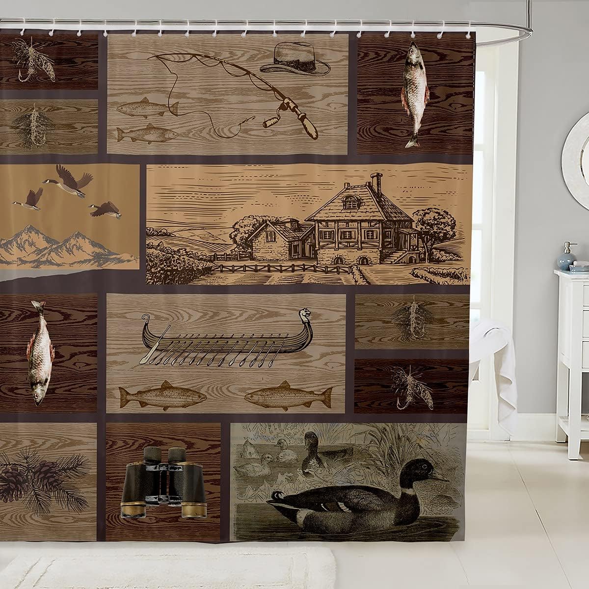 Rustic Farmhouse Fishing Shower Curtain for Kids Boys Teens Room Decor