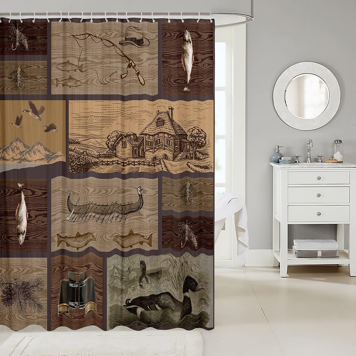 Rustic Farmhouse Fishing Shower Curtain for Kids Boys Teens Room Decor