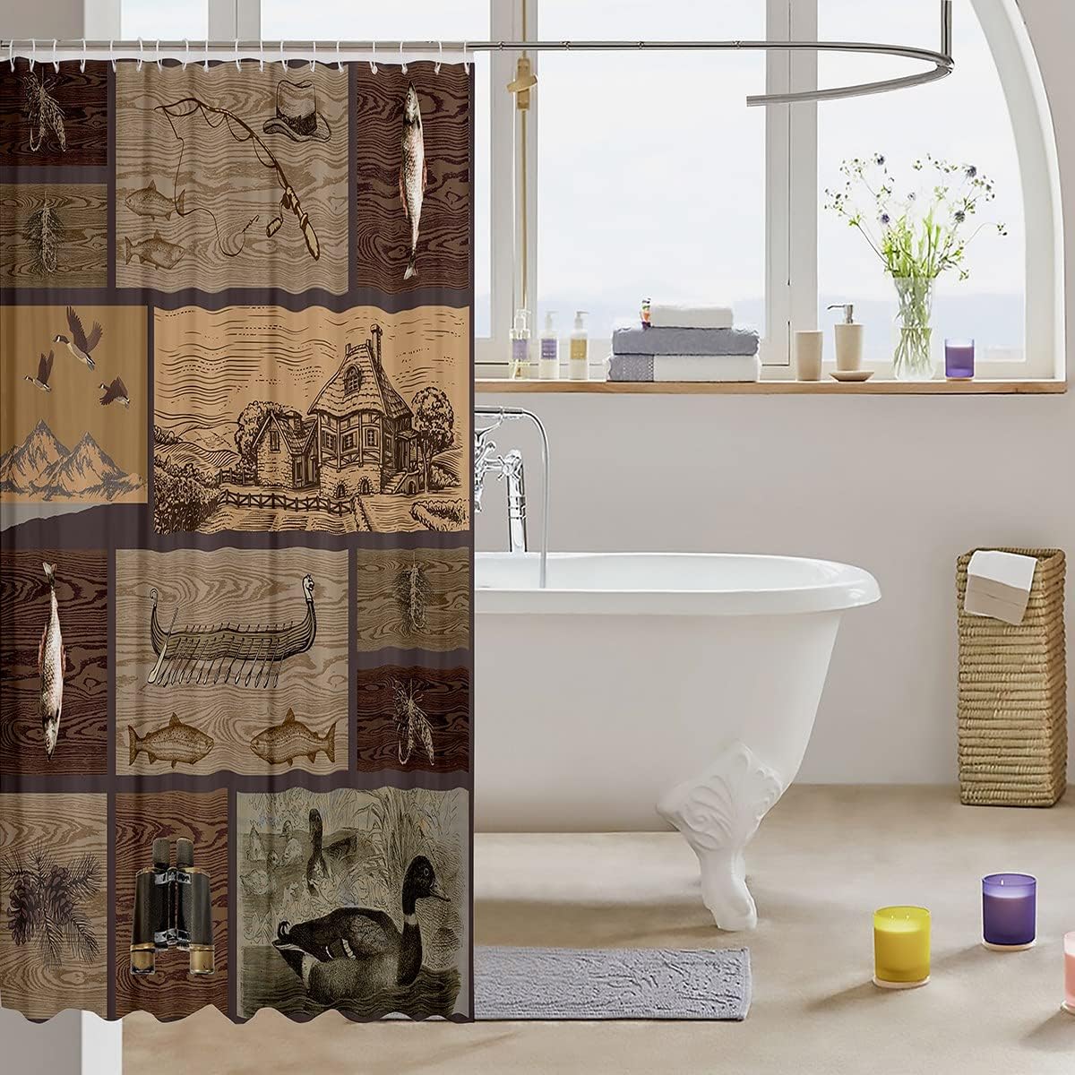 Rustic Farmhouse Fishing Shower Curtain for Kids Boys Teens Room Decor