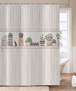 Rustic Farmhouse Green Plant Potted Cactus Shower Curtain, Succulent AI Art Print for Bathroom Decor