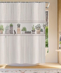 Rustic Farmhouse Green Plant Potted Cactus Shower Curtain, Succulent AI Art Print for Bathroom Decor