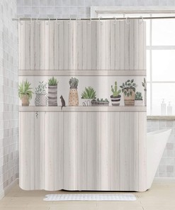 Rustic Farmhouse Green Plant Potted Cactus Shower Curtain, Succulent AI Art Print for Bathroom Decor