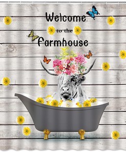 Rustic Farmhouse Highland Cow Shower Curtain Floral Butterfly Country Decor
