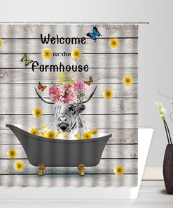 Rustic Farmhouse Highland Cow Shower Curtain Floral Butterfly Country Decor