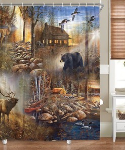 Rustic Farmhouse Lodge Print Shower Curtain, Bear Moose Woodland Bathroom Decor by VeiVian