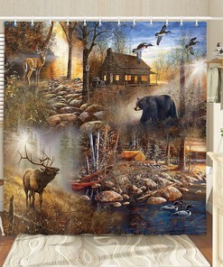 Rustic Farmhouse Lodge Print Shower Curtain, Bear Moose Woodland Bathroom Decor by VeiVian