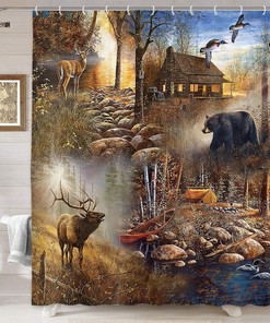 Rustic Farmhouse Lodge Print Shower Curtain, Bear Moose Woodland Bathroom Decor by VeiVian