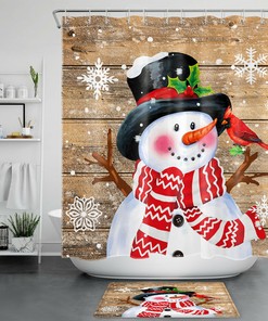 Rustic Farmhouse Planks Snowman and Cardinal Snowflake Print Shower Curtain Bathroom Decor