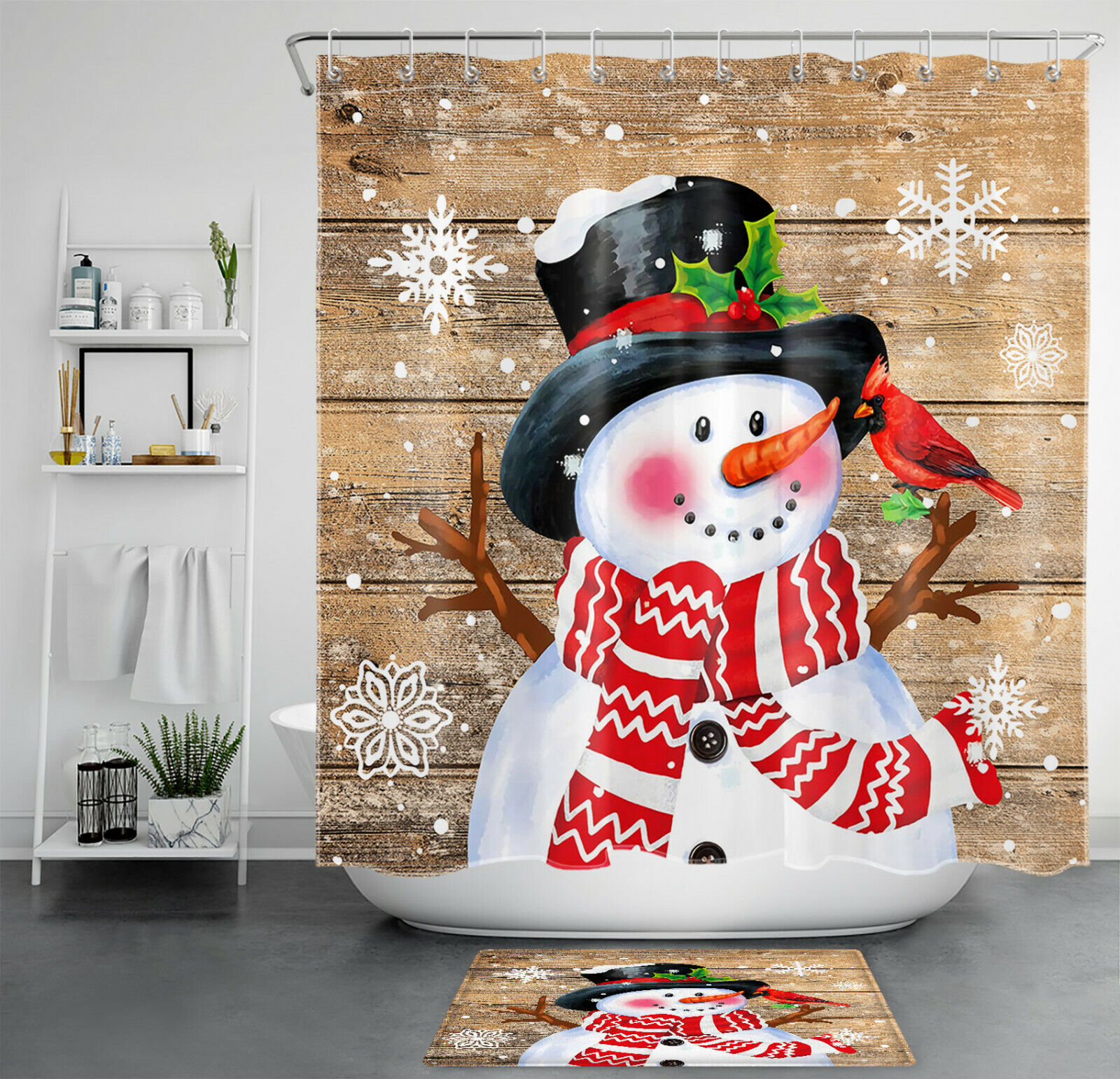 Rustic Farmhouse Planks Snowman and Cardinal Snowflake Print Shower Curtain Bathroom Decor