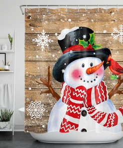 Rustic Farmhouse Planks Snowman and Cardinal Snowflake Print Shower Curtain Bathroom Decor