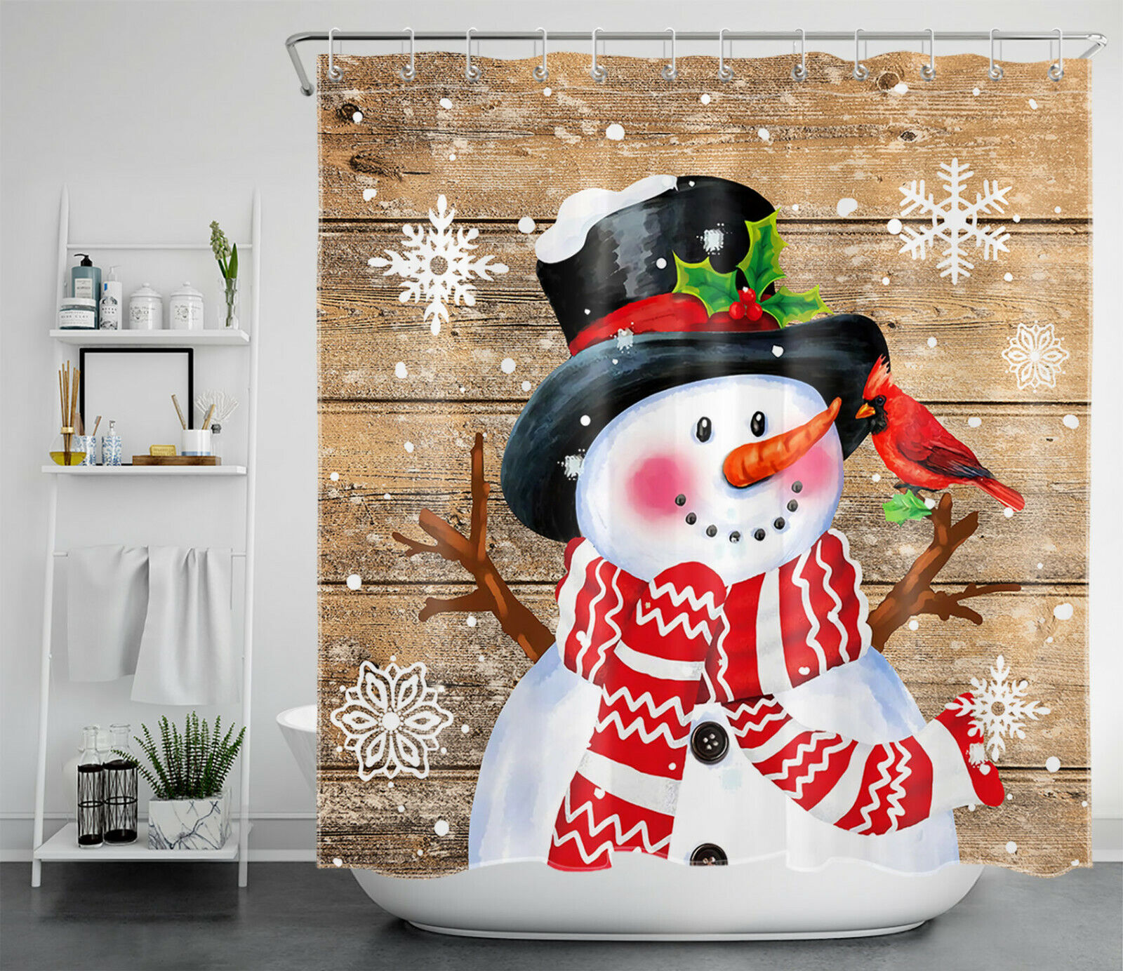 Rustic Farmhouse Planks Snowman and Cardinal Snowflake Print Shower Curtain Bathroom Decor