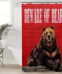 Rustic Farmhouse Red Wooden Shower Curtain with Beware of Bears Print