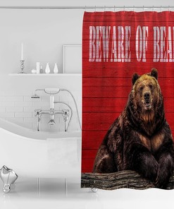 Rustic Farmhouse Red Wooden Shower Curtain with Beware of Bears Print