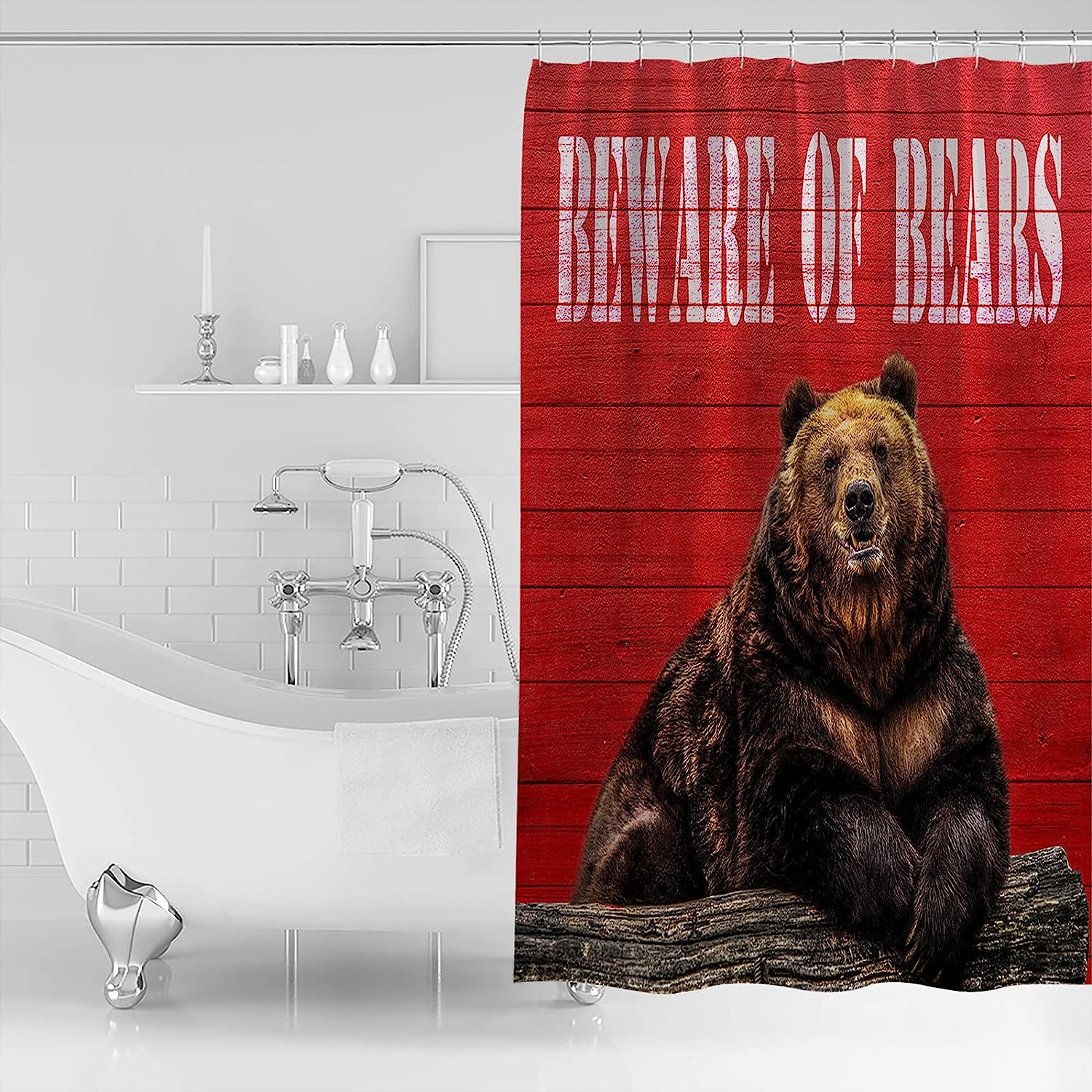 Rustic Farmhouse Red Wooden Shower Curtain with Beware of Bears Print
