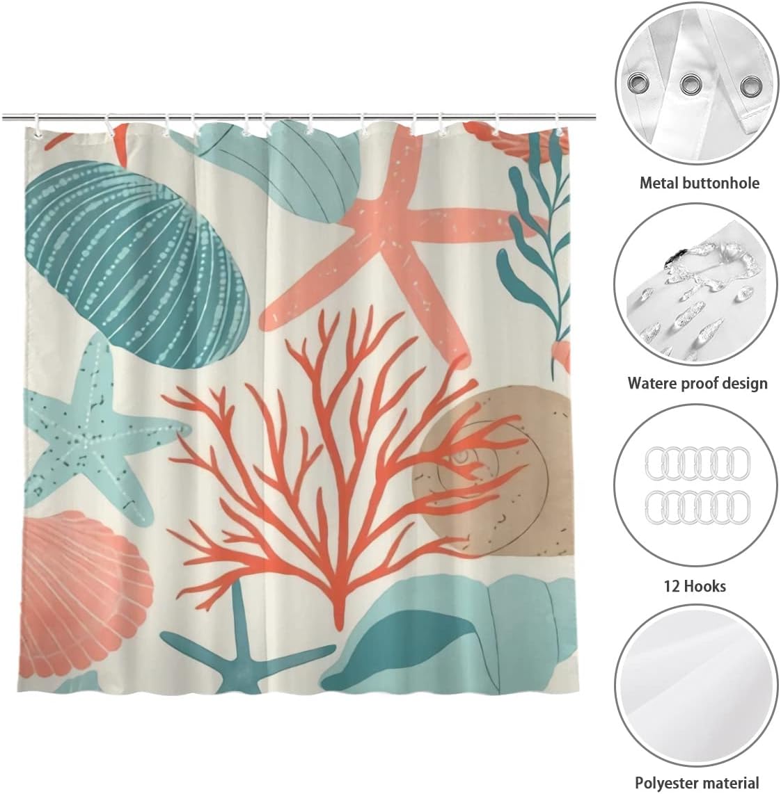 Rustic Farmhouse Seashell Bathroom Accessories Shower Curtain for Women