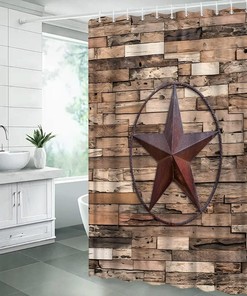 Rustic Farmhouse Shower Curtain With Vintage Barn Door And Texas Star Design