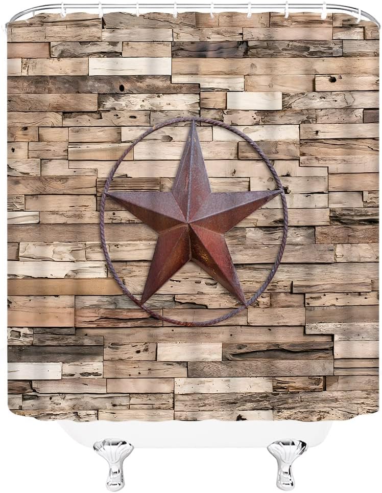 Rustic Farmhouse Shower Curtain With Vintage Barn Door And Texas Star Design - Image 3