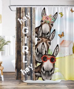 Rustic Farmhouse Shower Curtain with Funny Donkey and Country Barn Door on Wood Board
