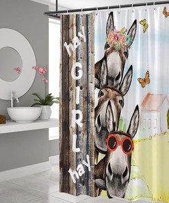 Rustic Farmhouse Shower Curtain with Funny Donkey and Country Barn Door on Wood Board