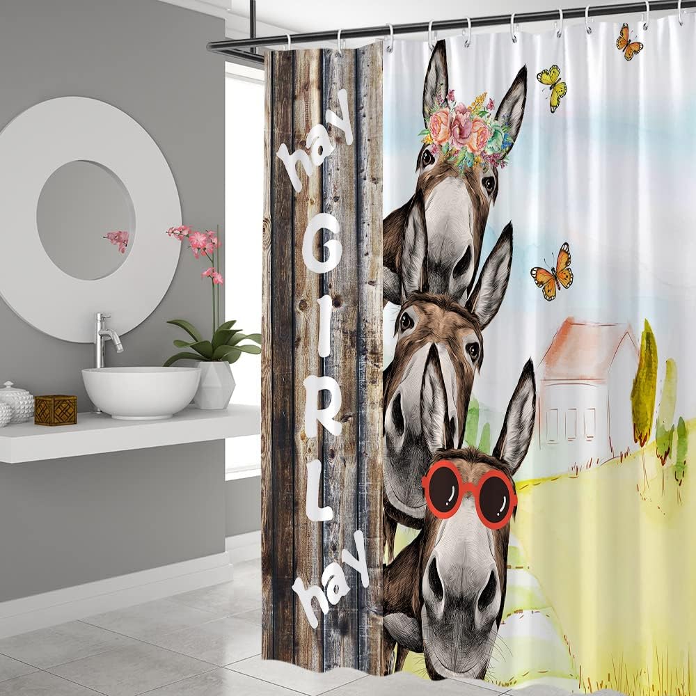 Rustic Farmhouse Shower Curtain with Funny Donkey and Country Barn Door on Wood Board