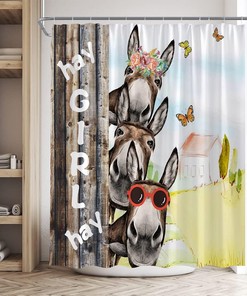 Rustic Farmhouse Shower Curtain with Funny Donkey and Country Barn Door on Wood Board