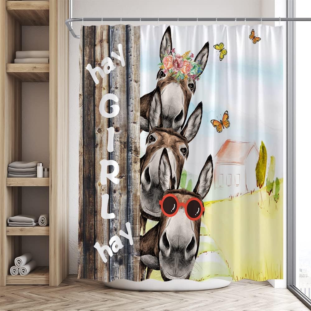 Rustic Farmhouse Shower Curtain with Funny Donkey and Country Barn Door on Wood Board